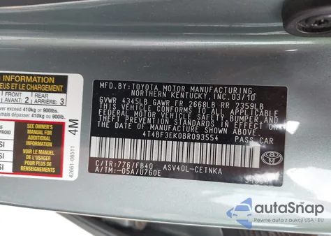 2011 Toyota Camry Le z USA, uszkodzony, nr VIN 4T4BF3EK0BR093554